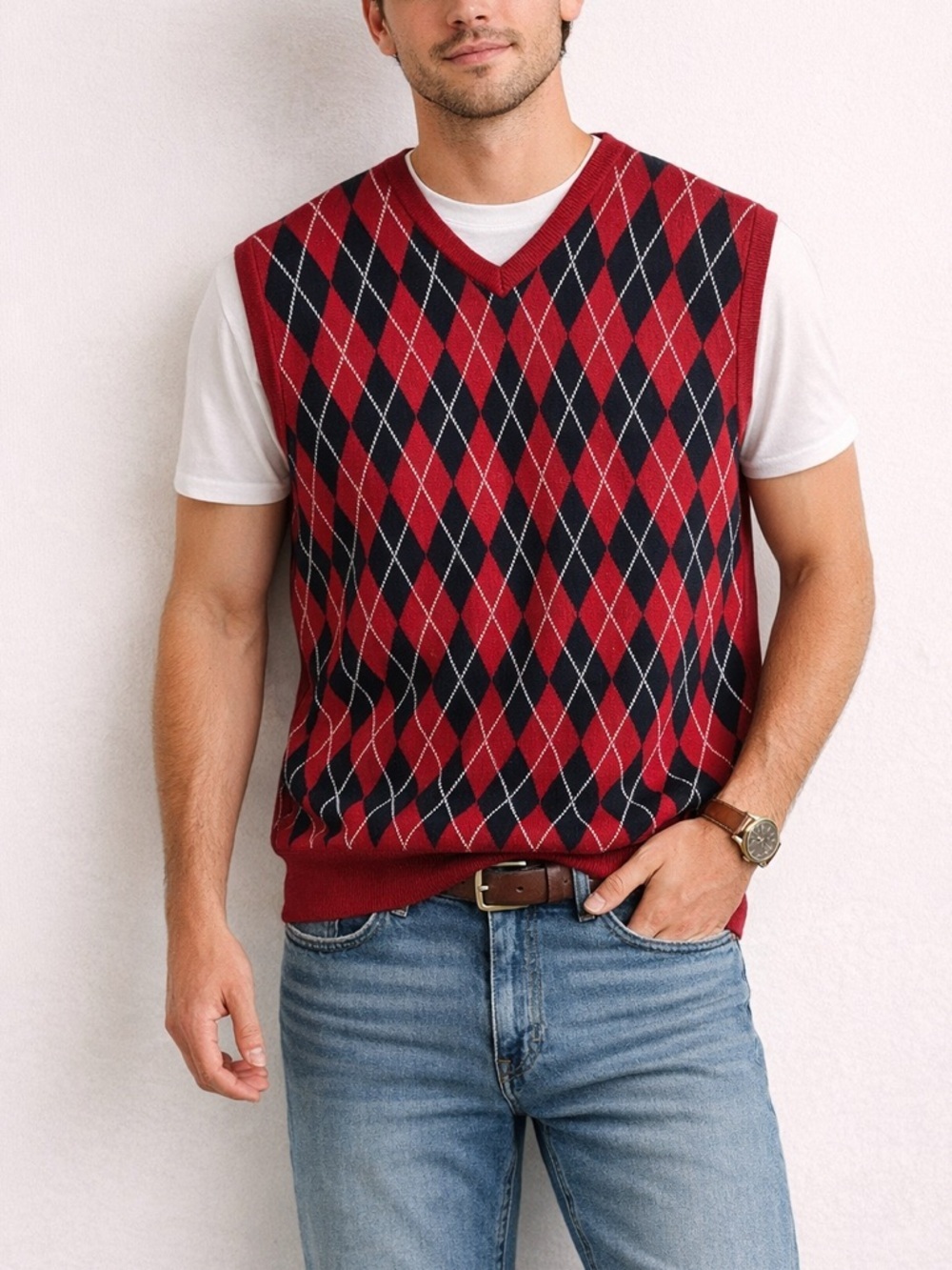 Chaps Argyle V-Neck Sweater Men's Large Red Navy Vest Preppy Classic Golf